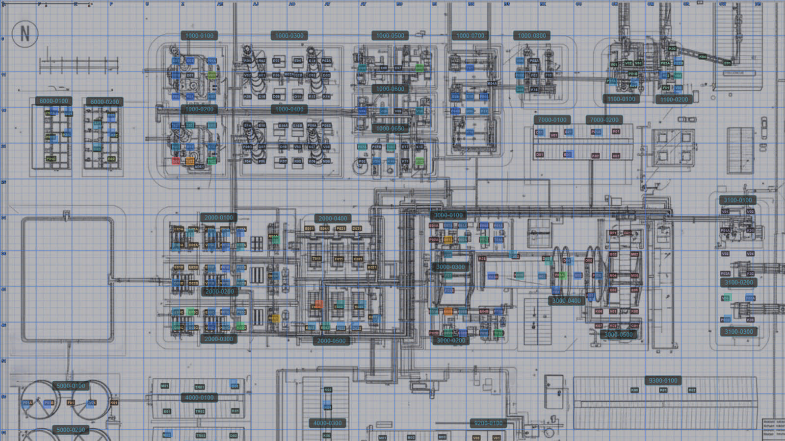 Plant layout drawing with every item of equipment tagged and colour-coded by shutdown work status