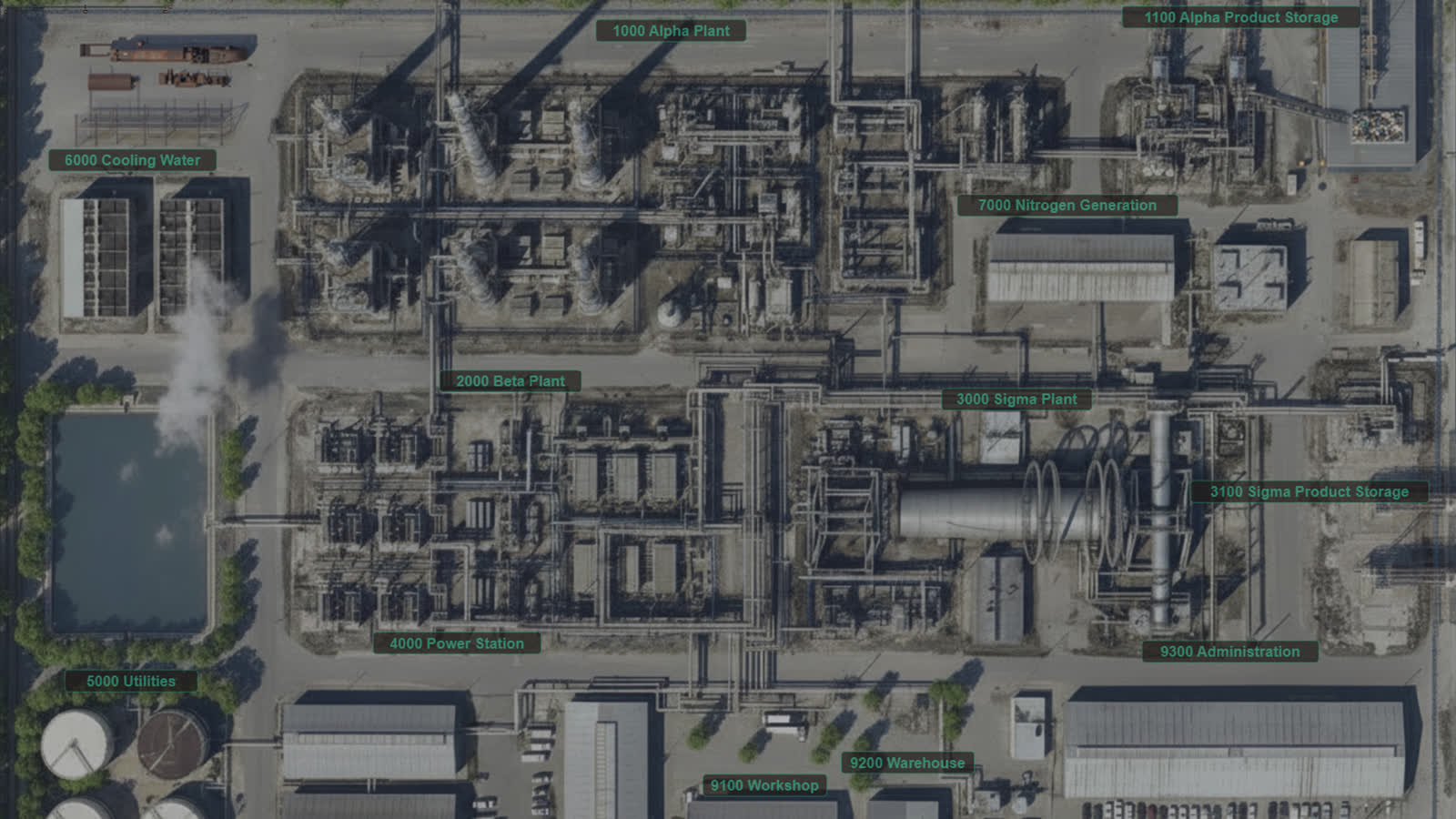Aerial view of a process plant with each plant area labelled, from the alpha plant to utilities and the power station