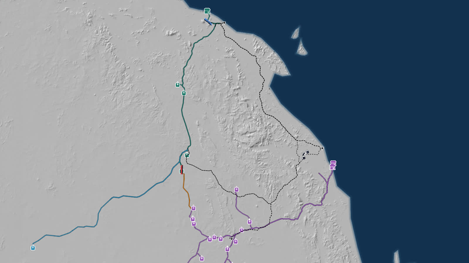 Schematic map of the same rail network with mines, junctions and the port marked