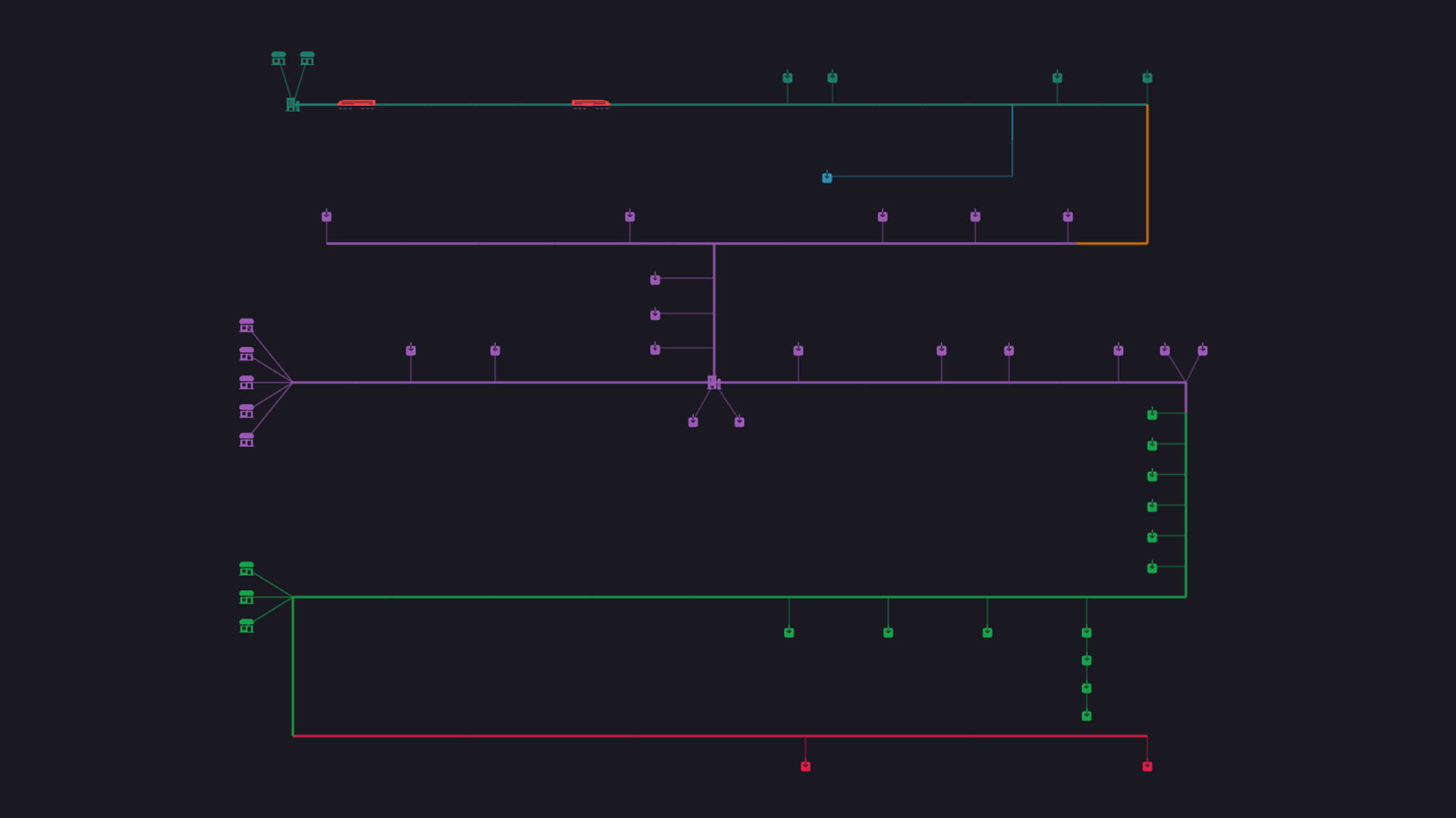 Ponco Rail network schematic with mines, junctions, loading points and the port