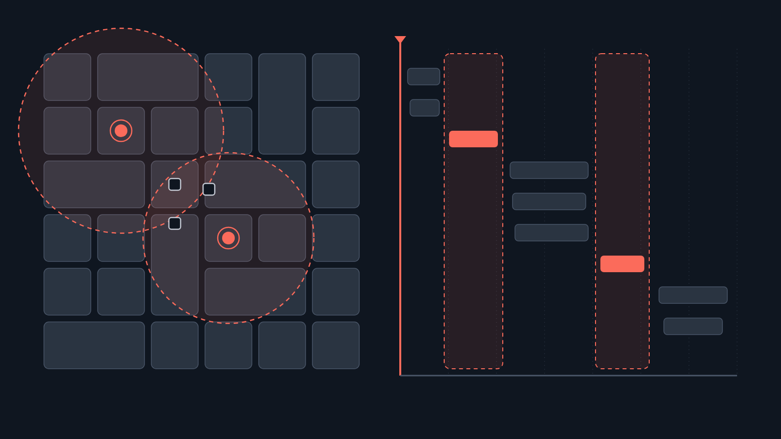Plan view of plant equipment with two high-risk jobs and their overlapping exclusion radii, three crews standing in the overlap, beside a timeline where the solve holds the two exclusion windows apart and places the neighbouring work around them